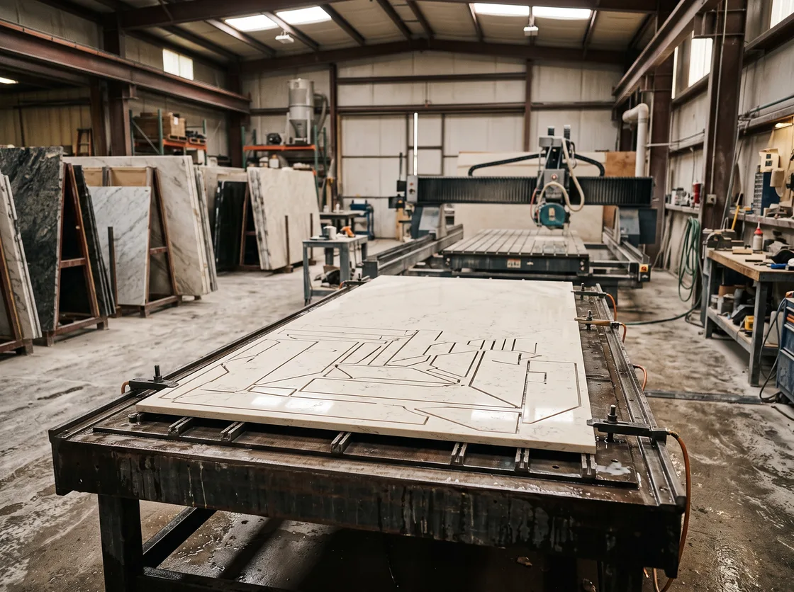 Taller de corte de placas de Pietrafina: placa de piedra sobre mesa de corte con piezas anidadas